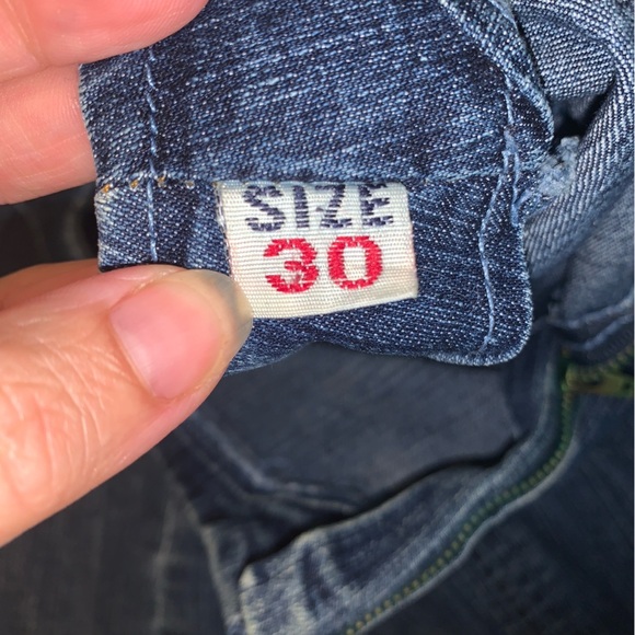 Vintage Denim maxi Skirt with Fringe Detail and crocheted tan trim size 30 boho - Picture 6 of 6